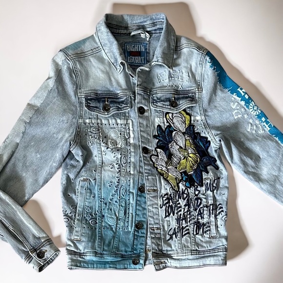 8IGHTH DSTRKT Denim Jean Jacket Embroidered Jealousy Just Love Man S/M Women - Picture 2 of 16